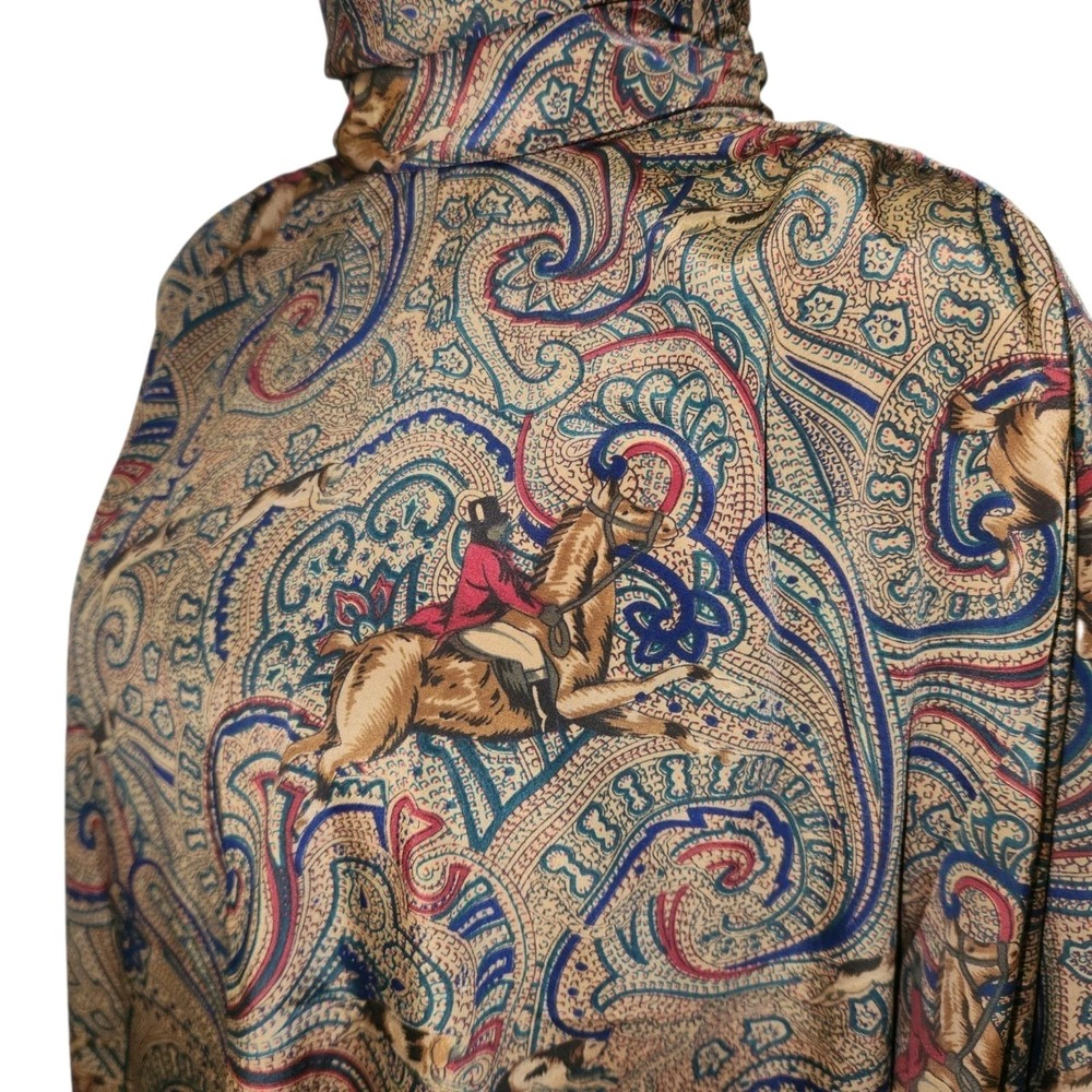 Vintage JdP Original Blouse Womens 12 Equestrian Dogs Paisley Turtleneck Satin